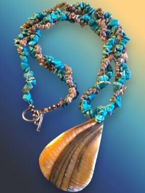 Abalone Pendant Snail Shell & Turquoise Stone Necklace w/  Boho 213